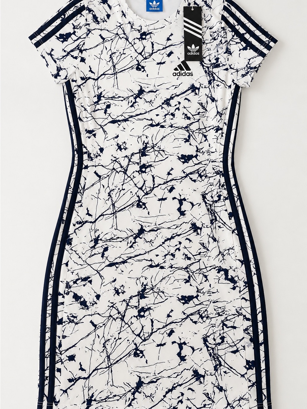 adidas White and Navy Marble-Print Midi Dress